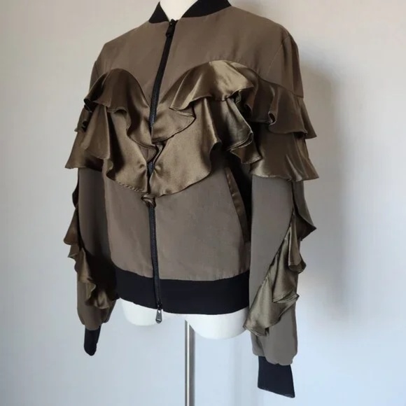 Cinq A Sept Leia Silk Satin-Ruffle Bomber Jacket Zip-Up Pocket Olive Green - S - Picture 3 of 6